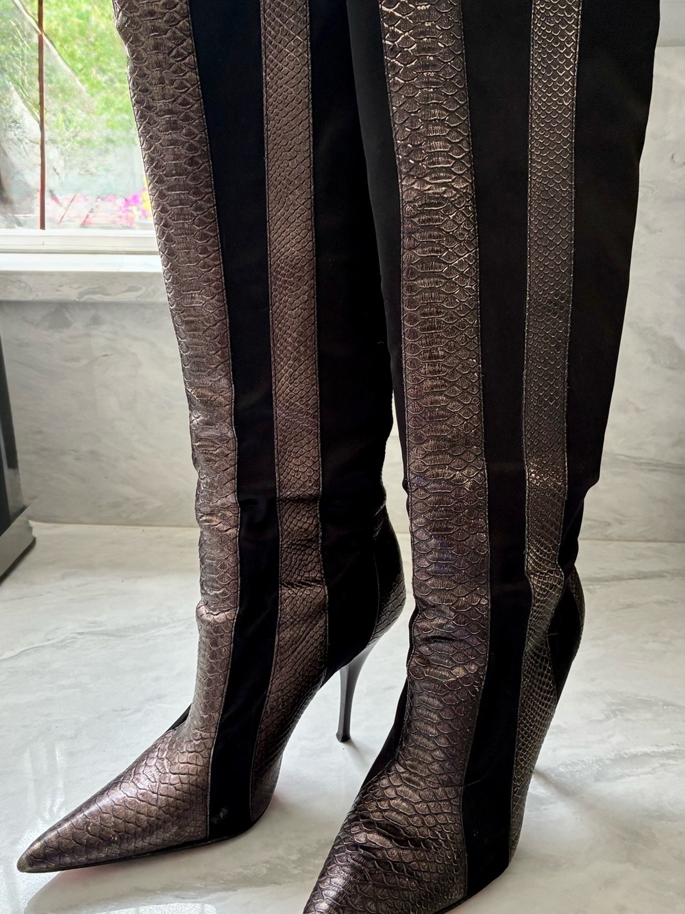 Justice Metallic Taupe and Black Snake-Embossed Over-the-Knee Boots